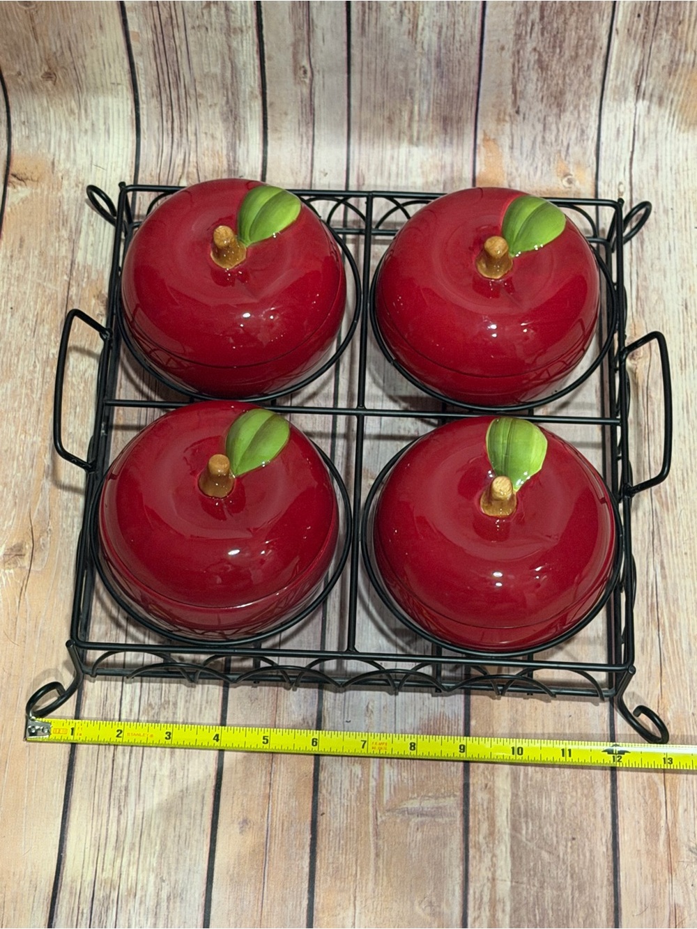 Temp-Tations Red Apple Ceramic Covered Bowls with Green Leaf Accent Overwear